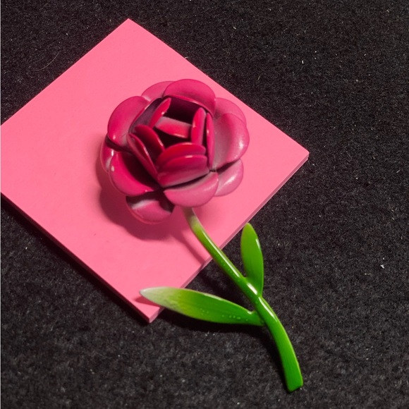 Vintage Enamel Pink Rose Metal Brooch - Picture 6 of 6